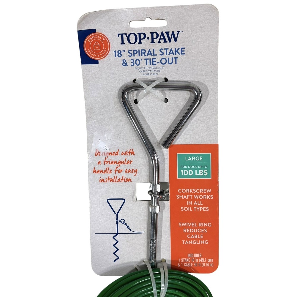 Top Paw Dog Spiral Stake 18 inch And 30' Tie Out For Large 100 lb Dogs Metal